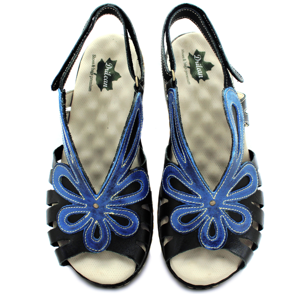 Sandália Feminina Anatômica em Couro Legítimo e Palmilha Gel - Preto - Azul (MA017)