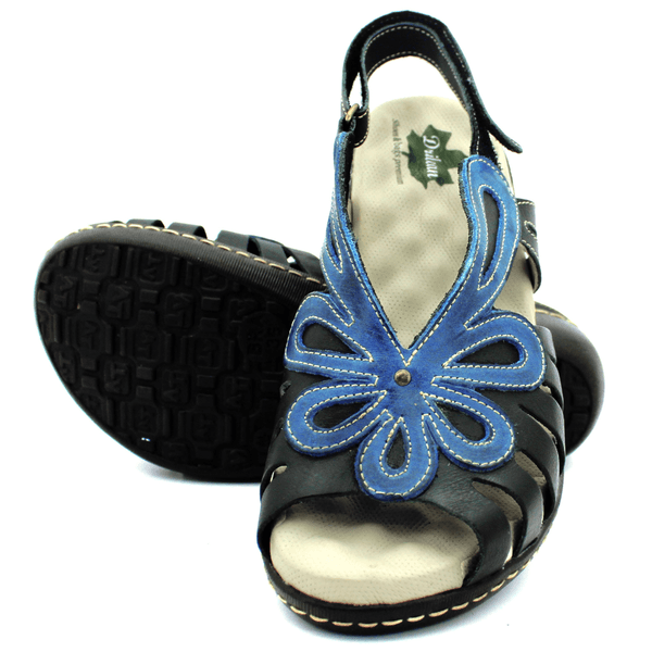 Sandália Feminina Anatômica em Couro Legítimo e Palmilha Gel - Preto - Azul (MA017)