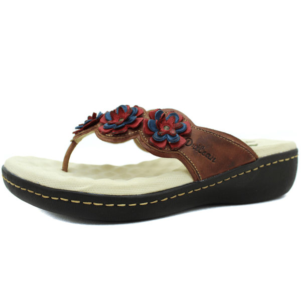 Sandália Feminina Anatômica em Couro Legítimo e Palmilha Gel - Castanho - Vermelho - Azul (MA025)