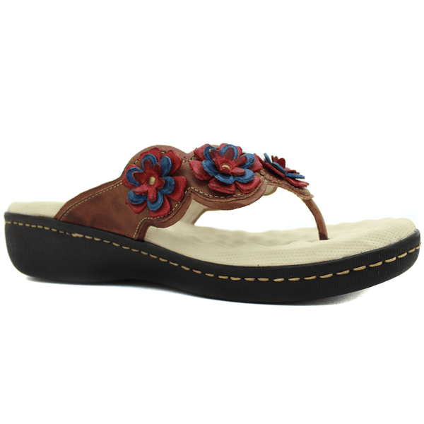 Sandália Feminina Anatômica em Couro Legítimo e Palmilha Gel - Castanho - Vermelho - Azul (MA025)
