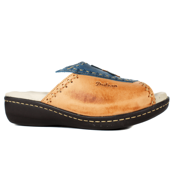 Sandália Feminina Anatomica de Couro Legítimo e Palmilha Gel - Azul /Laranja Verde /Laranja (MA034)
