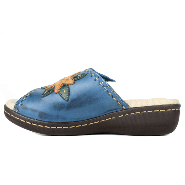 Sandália Feminina Anatomica de Couro Legítimo e Palmilha Gel - Azul /Laranja Verde /Laranja (MA034)