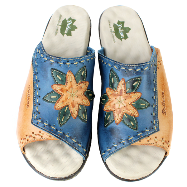 Sandália Feminina Anatomica de Couro Legítimo e Palmilha Gel - Azul /Laranja Verde /Laranja (MA034)