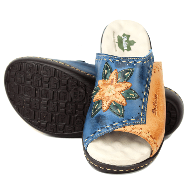 Sandália Feminina Anatomica de Couro Legítimo e Palmilha Gel - Azul /Laranja Verde /Laranja (MA034)