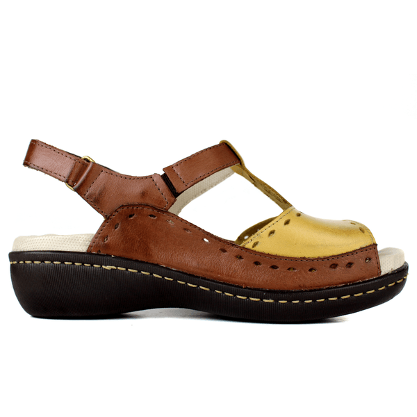 Sandália Feminina de Couro Legítimo e Palmilha Gel - Castanho/Amarelo (MA040) 34 ao 39 OUTLET
