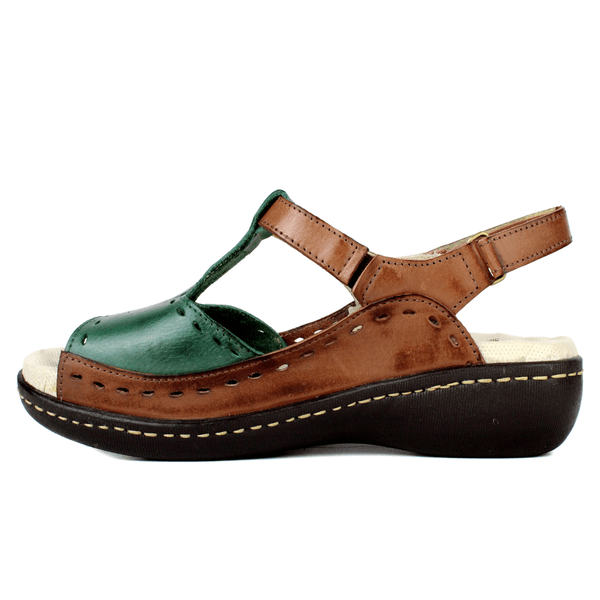 Sandália Feminina Anatômica em Couro Legítimo e Palmilha Gel - Castanho /Verde (MA040)