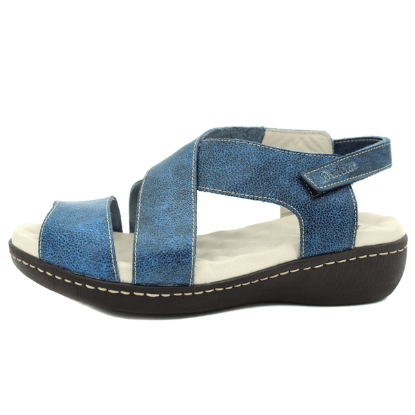 Sandália Feminina Anatômica em Couro Legítimo e Palmilha Gel - Bicolor Azul - Sola Café (MA056)