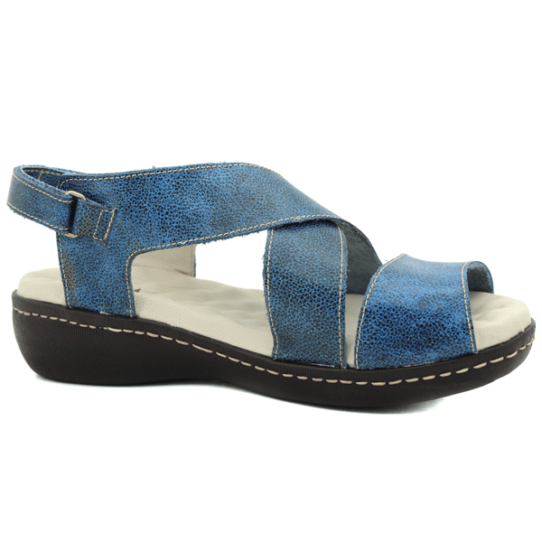 Sandália Feminina Anatômica em Couro Legítimo e Palmilha Gel - Bicolor Azul - Sola Café (MA056)