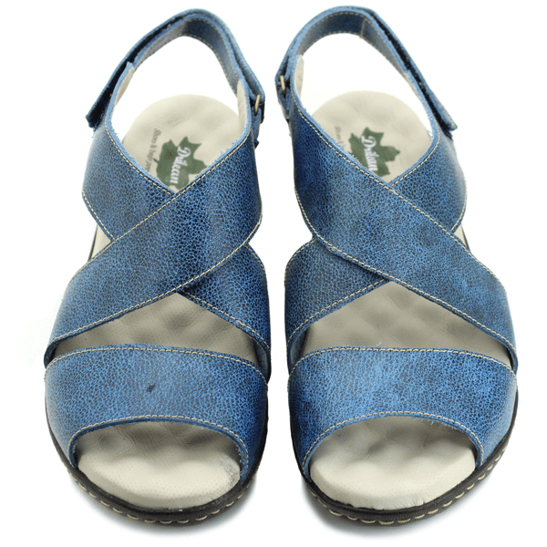 Sandália Feminina Anatômica em Couro Legítimo e Palmilha Gel - Bicolor Azul - Sola Café (MA056)