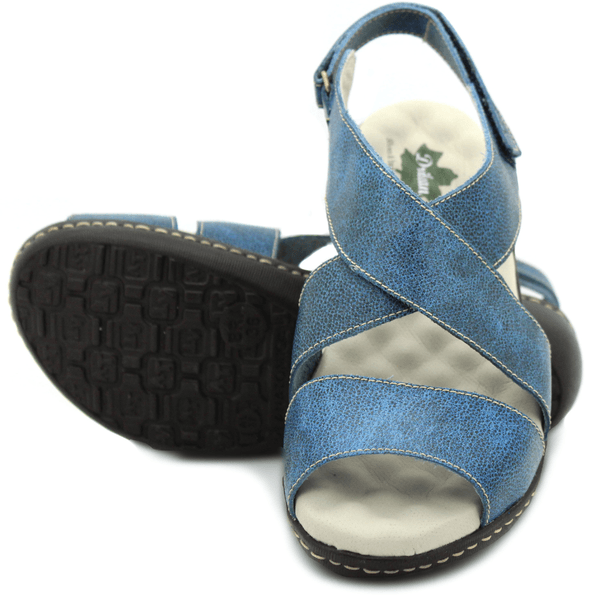 Sandália Feminina Anatômica em Couro Legítimo e Palmilha Gel - Bicolor Azul - Sola Café (MA056)