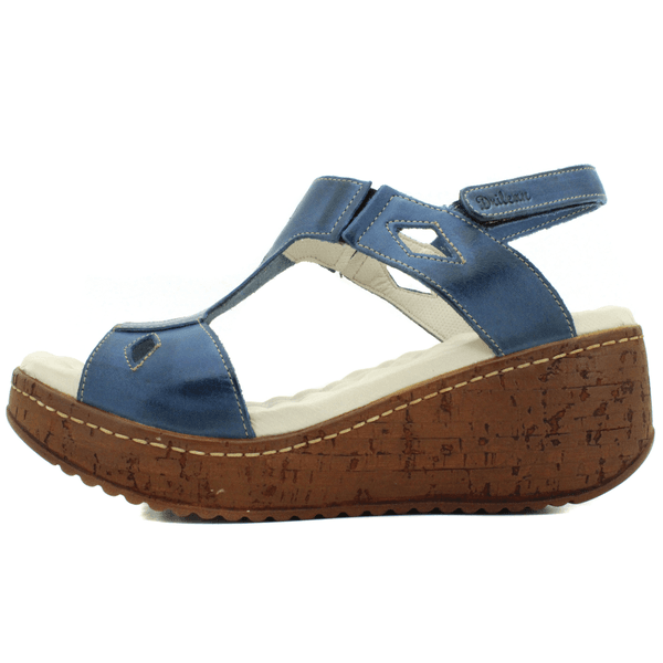 Sandália Anabela Feminina de Couro Legítimo com Palmilha Gel - Azul (NI008)