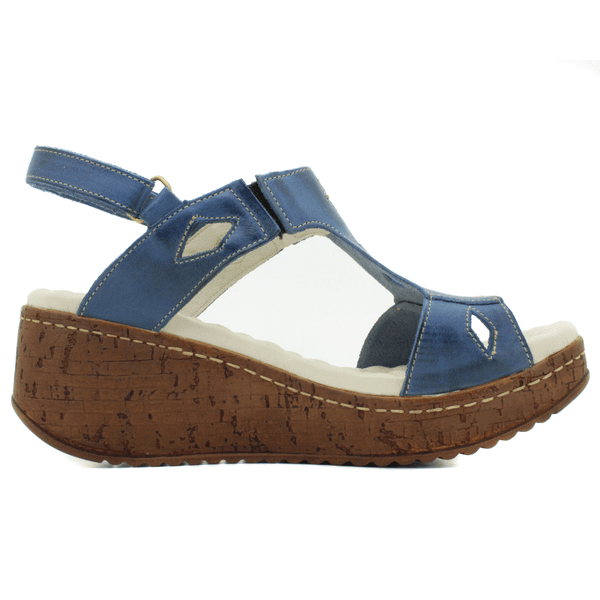 Sandália Anabela Feminina de Couro Legítimo com Palmilha Gel - Azul (NI008)