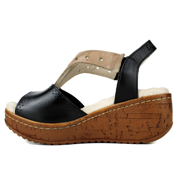 Sandália Anabela Feminina de Couro Legítimo com Palmilha Gel - Preto /Fendi (NI013)