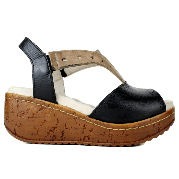 Sandália Anabela Feminina de Couro Legítimo com Palmilha Gel - Preto /Fendi (NI013)