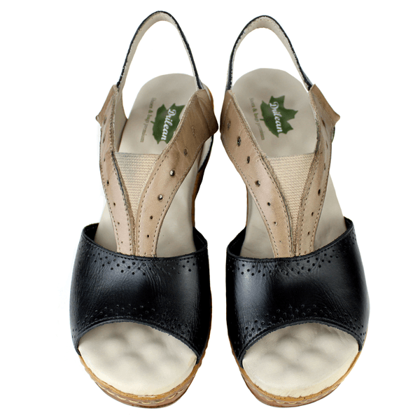 Sandália Anabela Feminina de Couro Legítimo com Palmilha Gel - Preto /Fendi (NI013)