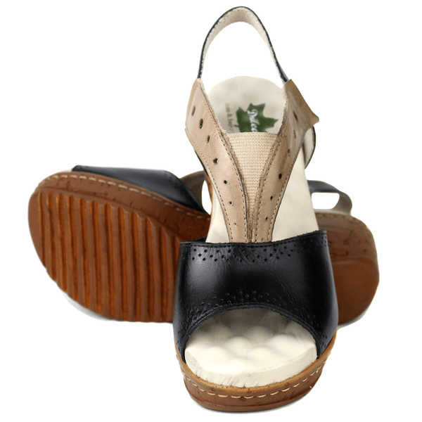 Sandália Anabela Feminina de Couro Legítimo com Palmilha Gel - Preto /Fendi (NI013)