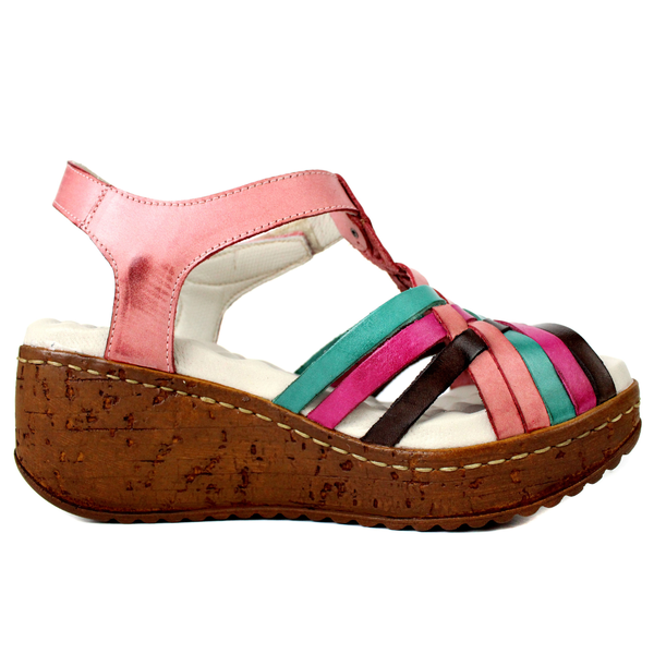 Sandália Feminina de Couro Legítimo e Palmilha Gel - Rose/Oceano/Berinjela/Café (NI015)