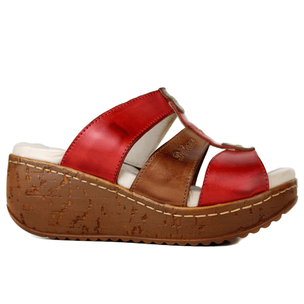 Sandália Anabela Feminina de Couro Legítimo e Palmilha Gel - Vermelho /Castanho (NI022)