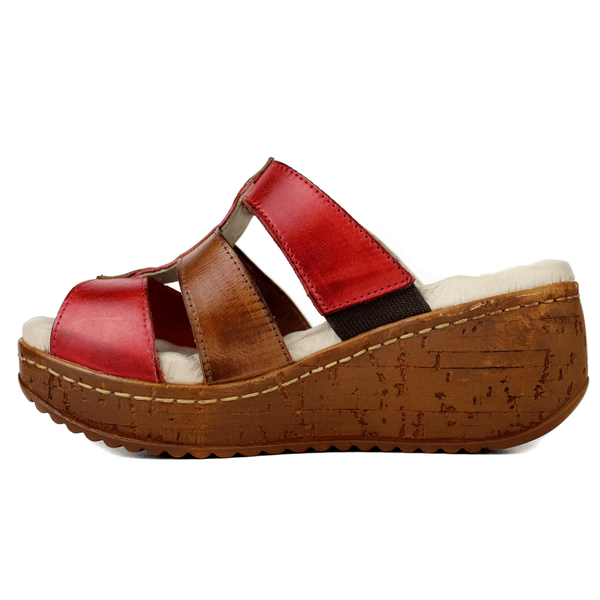 Sandália Anabela Feminina de Couro Legítimo e Palmilha Gel - Vermelho /Castanho (NI022)