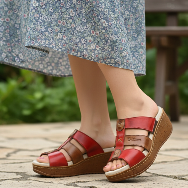 Sandália Anabela Feminina de Couro Legítimo e Palmilha Gel - Vermelho /Castanho (NI022)