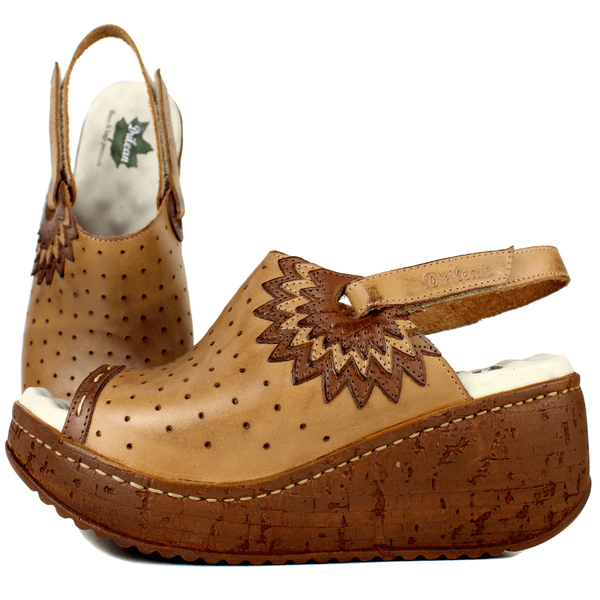 Sandália Anabela Feminina de Couro Legítimo com Palmilha Gel - Caramelo /Castanho (NI023)