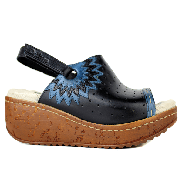 Sandália Anabela Feminina de Couro Legítimo com Palmilha Gel - Preto /Azul (NI023)