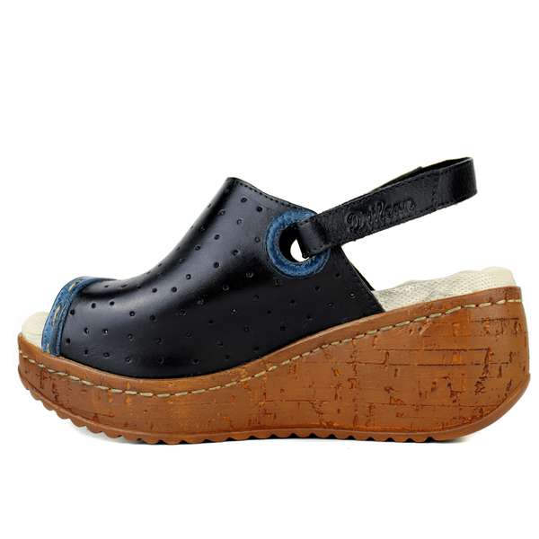 Sandália Anabela Feminina de Couro Legítimo com Palmilha Gel - Preto /Azul (NI023)