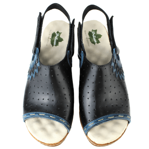 Sandália Anabela Feminina de Couro Legítimo com Palmilha Gel - Preto /Azul (NI023)