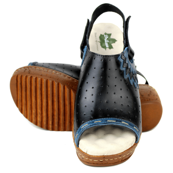 Sandália Anabela Feminina de Couro Legítimo com Palmilha Gel - Preto /Azul (NI023)