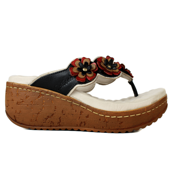 Sandália Anabela Feminina de Couro Legítimo e Palmilha Gel - Off/ Preto/ Vermelho/ Caramelo (NI025)