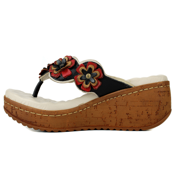 Sandália Anabela Feminina de Couro Legítimo e Palmilha Gel - Off/ Preto/ Vermelho/ Caramelo (NI025)