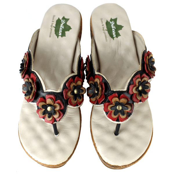 Sandália Anabela Feminina de Couro Legítimo e Palmilha Gel - Off/ Preto/ Vermelho/ Caramelo (NI025)