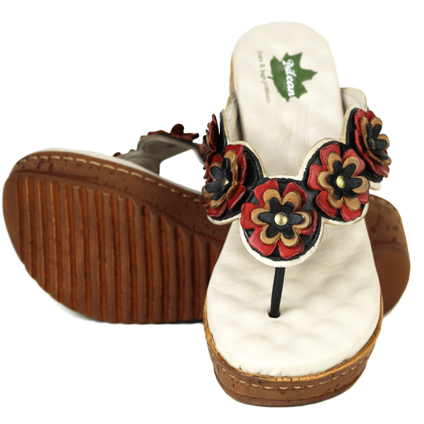 Sandália Anabela Feminina de Couro Legítimo e Palmilha Gel - Off/ Preto/ Vermelho/ Caramelo (NI025)