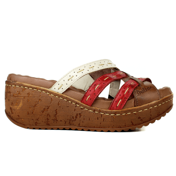Sandália Anabela Feminina de Couro Legítimo e Palmilha Gel - Castanho /Off /Vermelho (NI038)