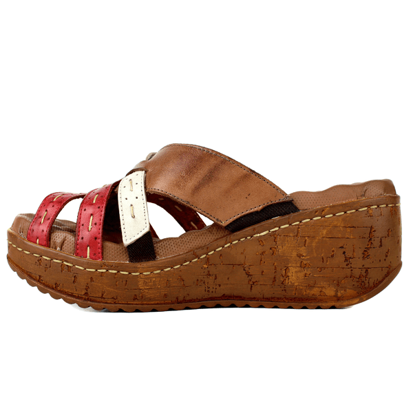 Sandália Anabela Feminina de Couro Legítimo e Palmilha Gel - Castanho /Off /Vermelho (NI038)