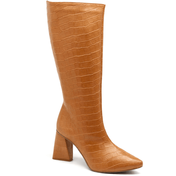 Bota Feminina Cano Longo Salto Triângulo 23020 Croco Whisky
