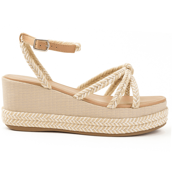 Sandália Feminina Anabela Com Tiras 170421 Cordão Nude e Bege