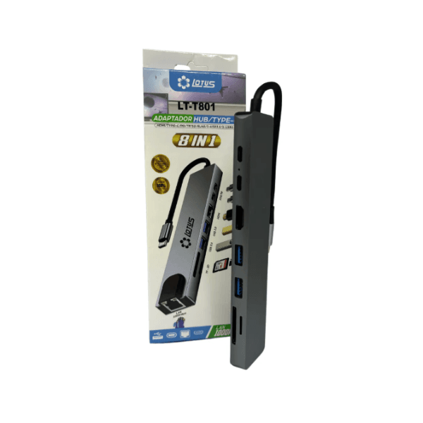 HUB USB Tipo-C 8 em 1 Lotus - LT-T801