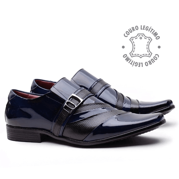 Sapato Social em Couro Legítimo Verniz Dark Blue com Detalhes estampados Preto - 0632PU