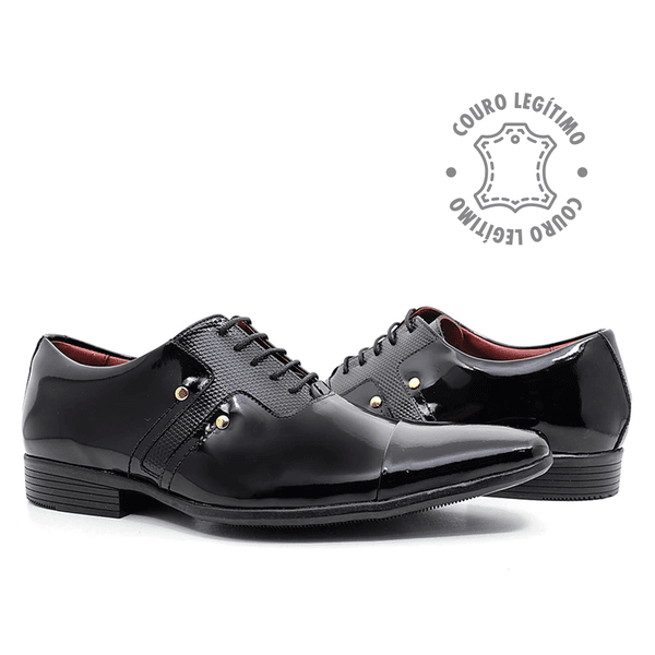 Sapato Social Amarrar em Couro Verniz Preto com Detalhes estampados - 17368A Preto 