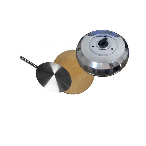 Kit Pizza Para Churrasqueira Com Pá de Pizza Alumínio, Pedra Refratária 35cm e Abafador Polido