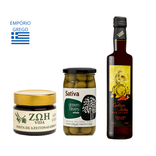 Kit Gourmet Grego: Vinho + Azeitonas + Pasta de azeitona