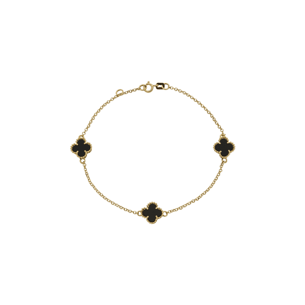 Pulseira De Ouro 18k Elo Português Com 3 Trevos Pedras Ônix