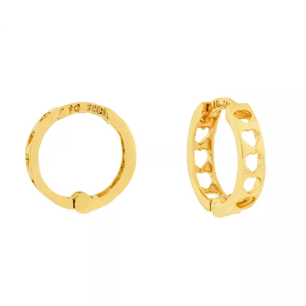 Brinco De Ouro 18k Meia argola corações vazado
