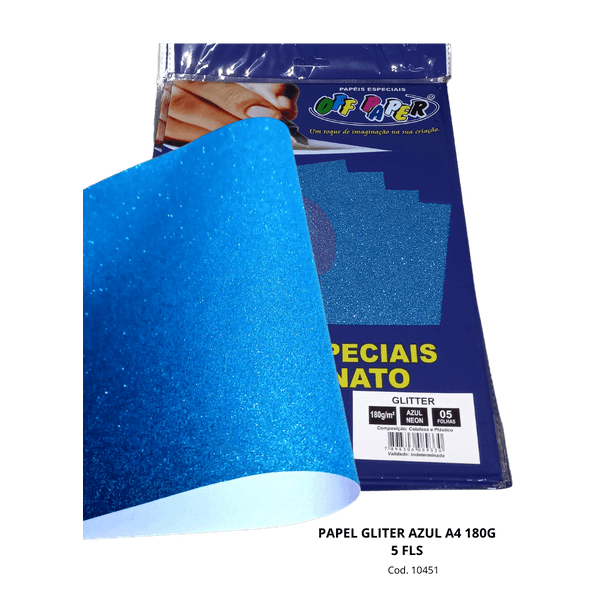 Papel Glitter Azul Neon A4 180g 5 Fls