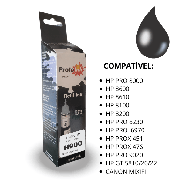 TINTA HP H900 CORANTE 100ml PROTOINK | COR: BLACK H900 | 100ML