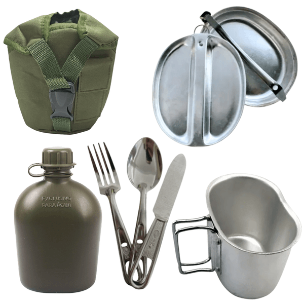 Kit completo Cantil com Porta-Cantil Verde, Caneco de Alumínio, Marmita Militar e Talher Inox