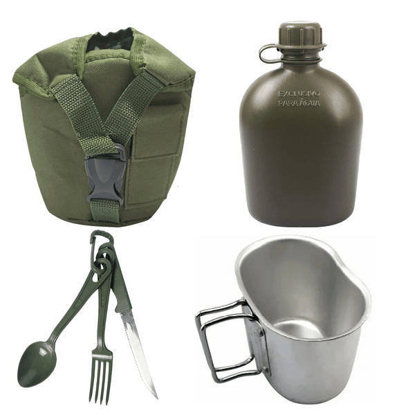 Kit Cantil Porta cantil Militar - Verde ,Caneco de Alumínio e Talher em polímero