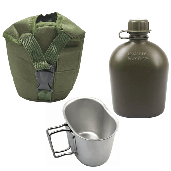 Kit Cantil Porta cantil Militar - Verde e Caneco de Alumínio