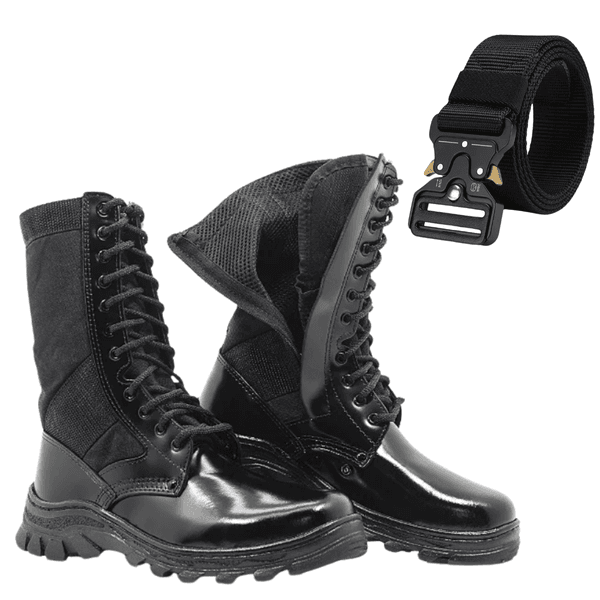 KIT Coturno Militar Atalaia Patriota Couro (Com Zíper) + Cinto engate rápido